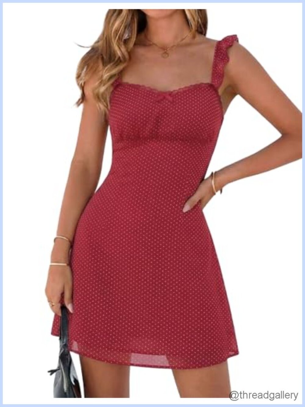Women Polka Dot Lace Ruffle Strap Sweetheart A-Line Mini Tank Dress